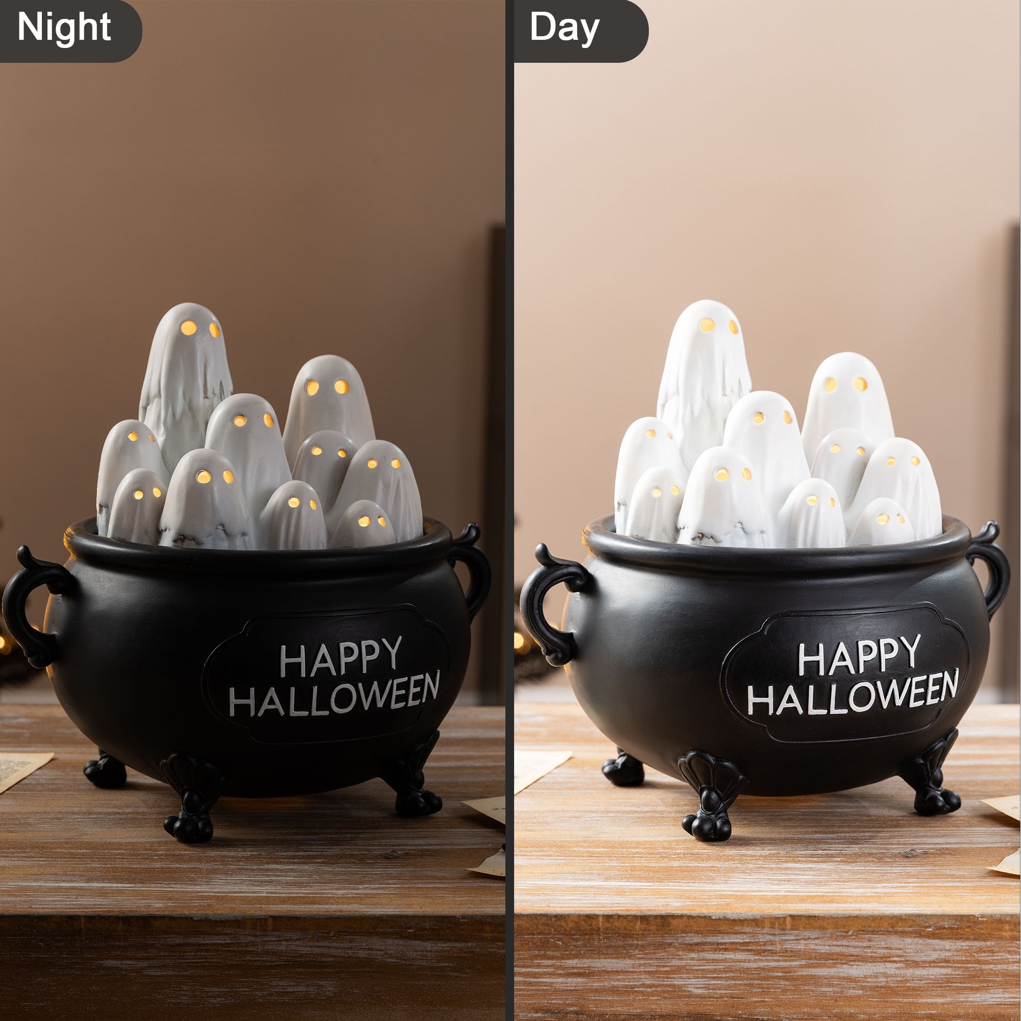 Glitzhome 9"L Halloween Lighted Polyresin Ghosts in Cauldron Table Decor with Timer