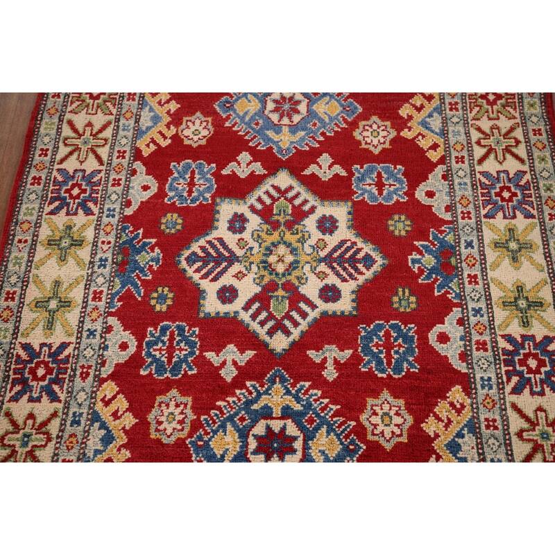 Red Traditional Geometric Kazak Accent Rug Hand-Knotted Wool Carpet - 3'1" x 5'0"