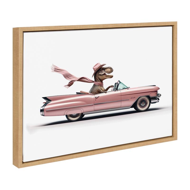 Kate and Laurel Sylvie Cowgirl Dino Driving 1950s Pink Cadillac Framed Canvas by Saint and Sailor Studios - 18x24 - Natural
