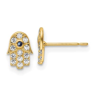 Curata 14k Gold CZ Cubic Zirconia Simulated Diamond and Blue Glass Stone Hamsa Post Earrings Measures 8.1x5.75mm Wide