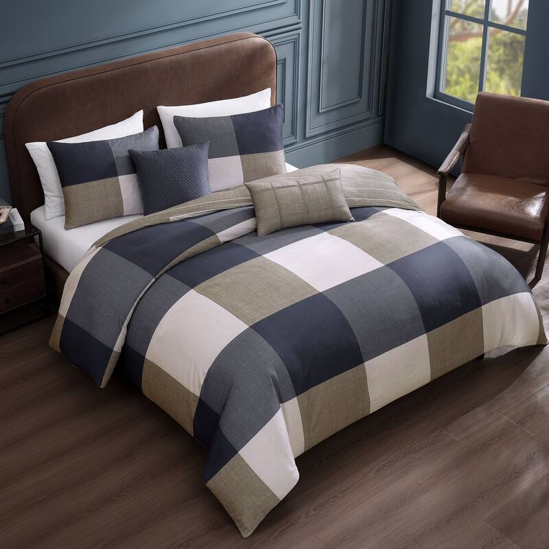 Bebejan Checkered Navy Tan 100% Cotton Sateen 5 Piece Reversible Comforter Set