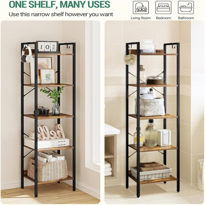 Book Shelf Industrial Bookcase with 2 Hooks - 9.45"D x 15.75"W x 63"H