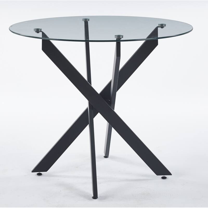 Modern Round Glass Dining Table for 2 to 4 Person, Circle Kitchen Table with Tempered Glass Top and Cross Metal Legs