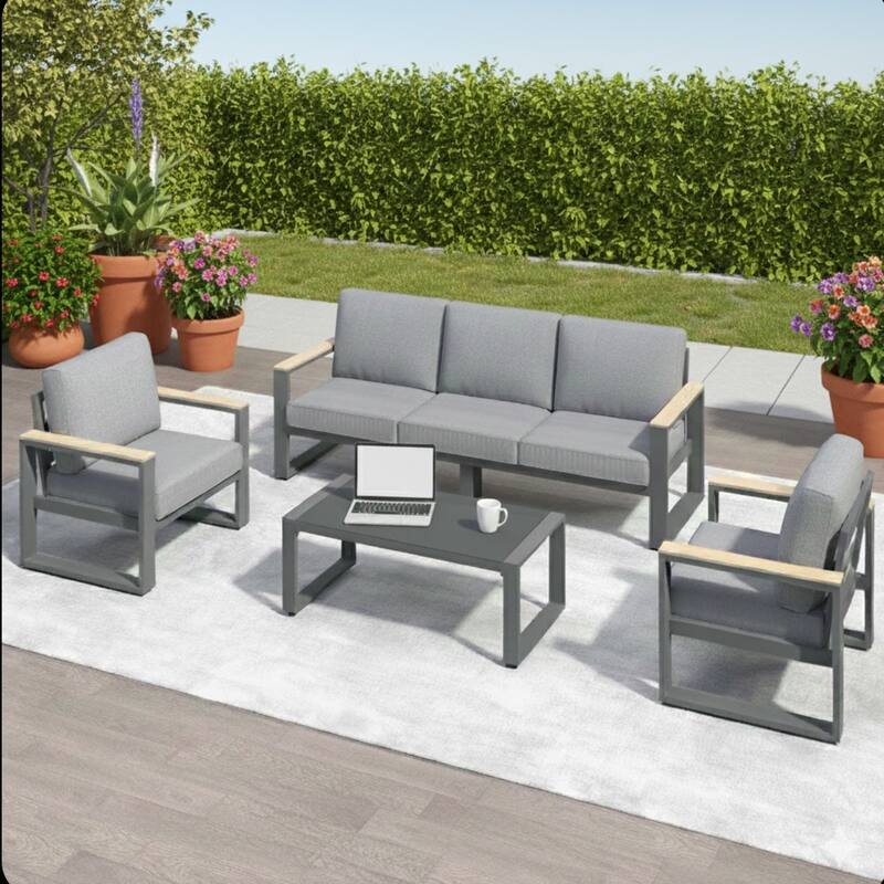 5-Seat 4 Piece Aluminum Patio Set with Glass Table and Gray Cushions