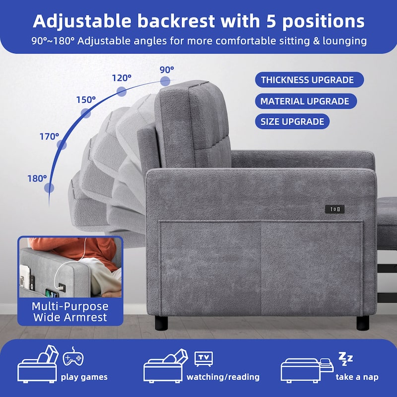 3-in-1 Multi-Functional Sleeper Sofa with Iron Frame Pull-Out Bed Loveseat and USB Port for Living Room or Small Space