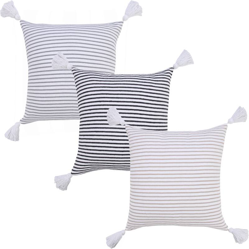 20" White and Black Striped Tassels Square Throw Pillow