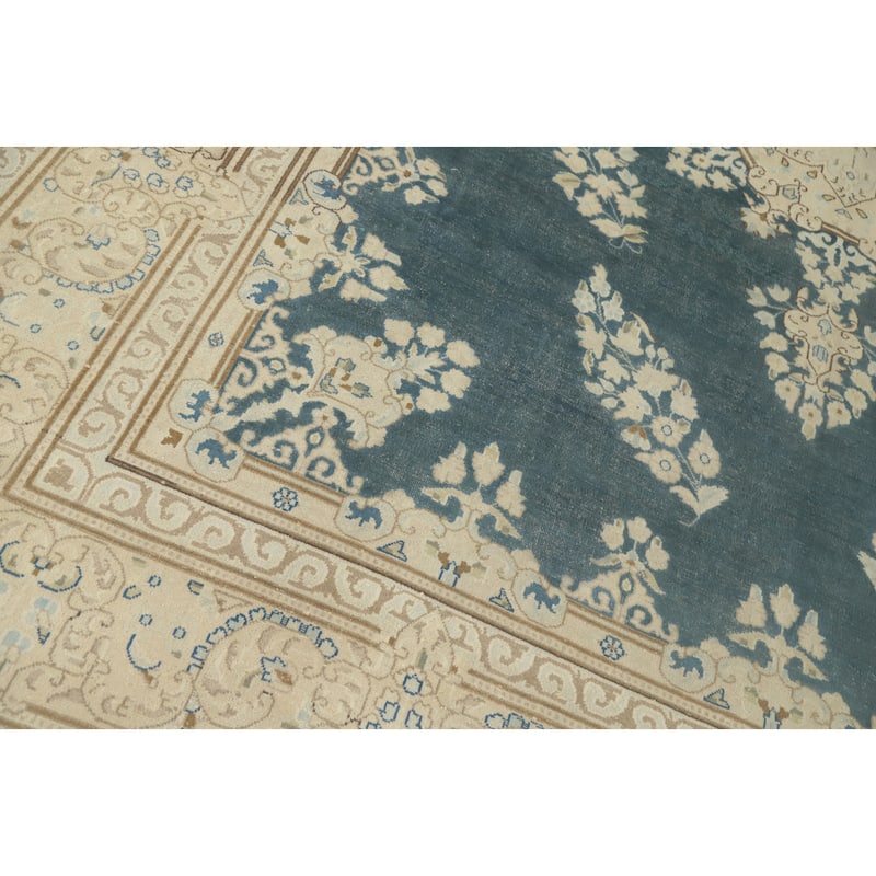 Hand Knotted Oriental 100% Wool Carpet Traditional Floral Navy Blue & Blues Tabriz Area Rug - 11' 9'' X 8' 8''