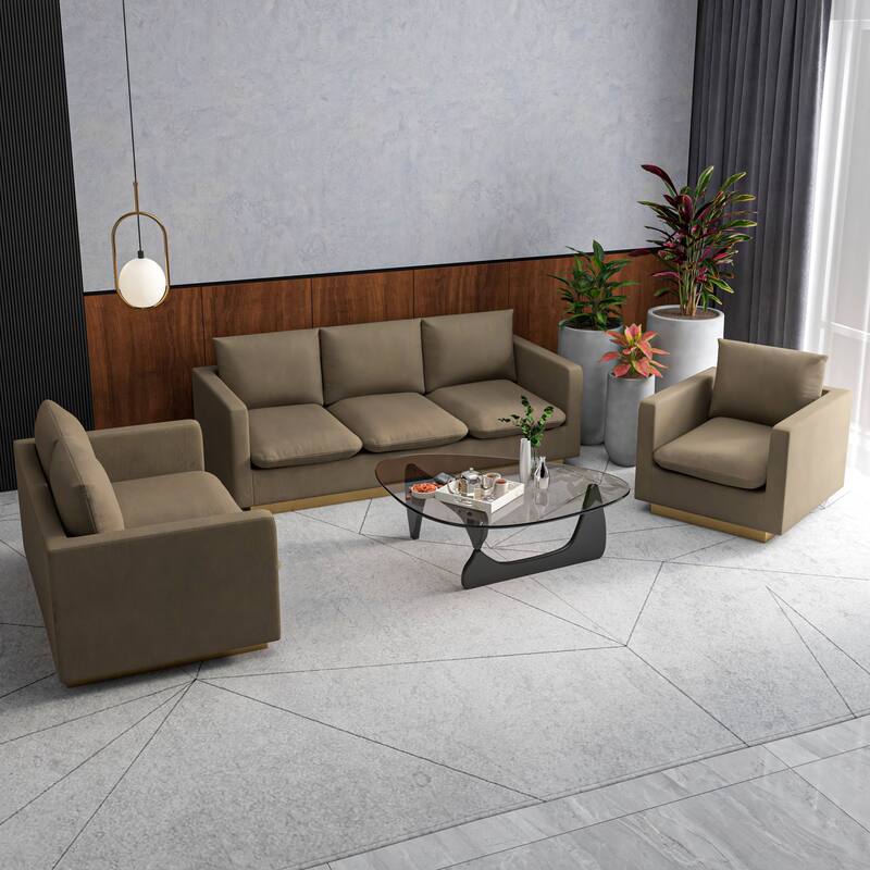 3-Piece Velvet Sofa Set with Brushed Gold Stainless Steel Base Nervo Series