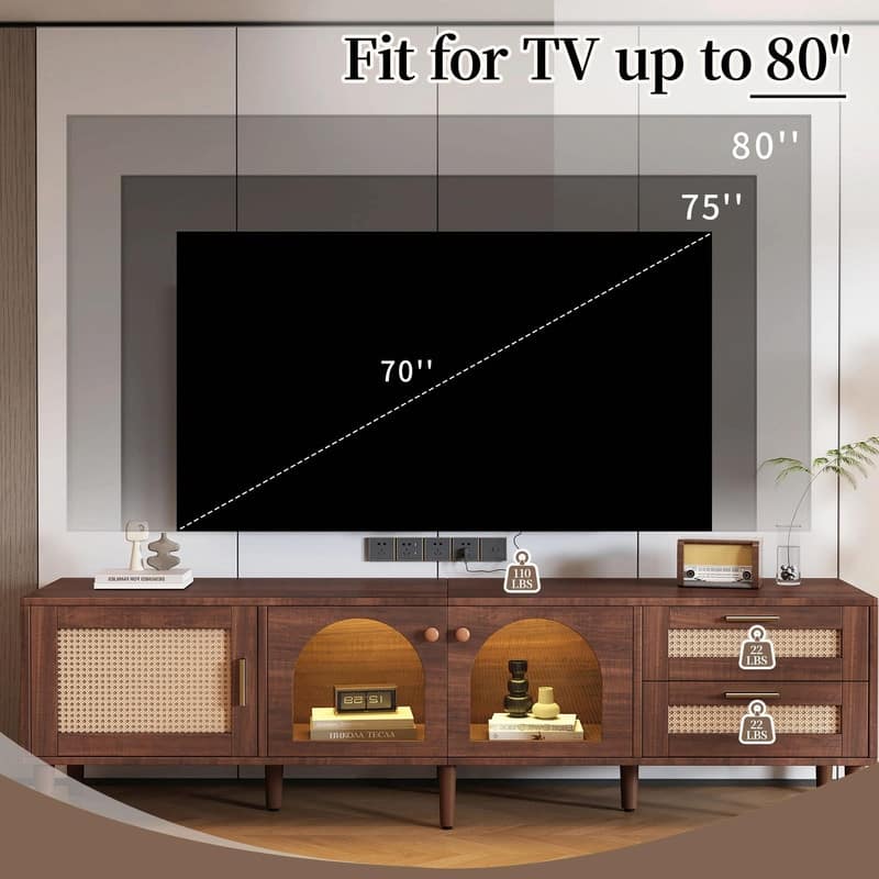70" TV Stand for TVs up to 90", Entertainment Center with App-Controlled LED Lights, 2 Drawers & Glass Door Storage