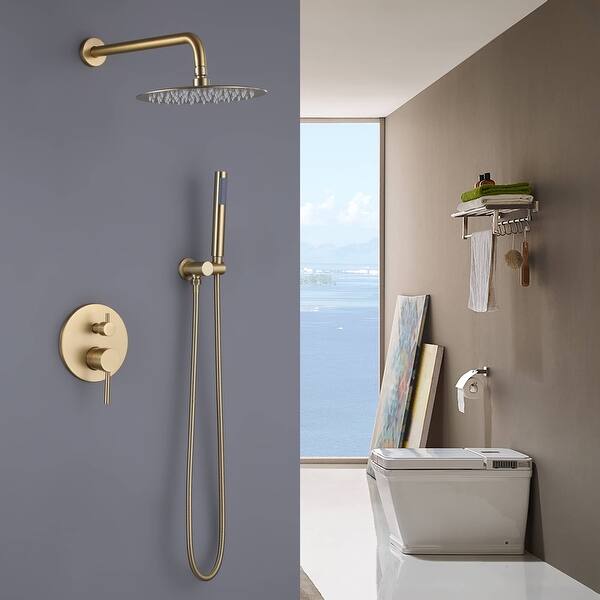 slide 1 of 16, Wall Mount Shower Faucet With Hand Shower Complete Shower System Set Modern 10 Inch Shower Head Set With Rough-in-Valve Brushed Gold