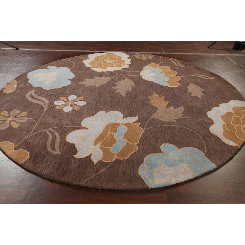Brown Contemporary Floral Oriental Area Rug Hand-tufted Wool Carpet - 10'0" x 10'0" Round