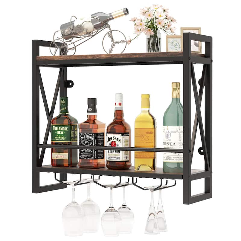 Costway Wall Mounted Wine Rack with 2-Tier Shelves 3 Glass Holders - See Details - Rustic Brown - See Details
