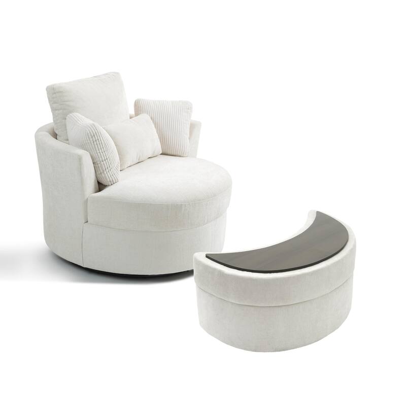 41" W Oversized Accent Barrel Swivel Chair with Moon Storage Ottoman