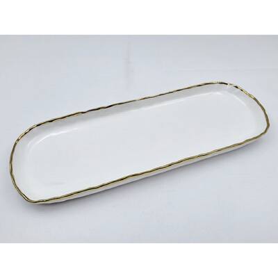 13.5" Simplicity Collection White Porcelain Gold Trim rectangular tray