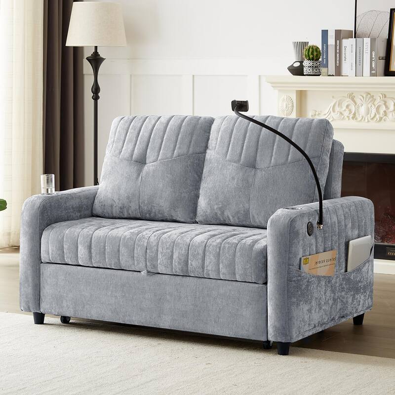 Chenille Loveseat Convertible Pull-out Sleeper Sofa Bed, Tufted Couch w2 Cup Holders Phone Holder & 3 USB Ports, Pockets