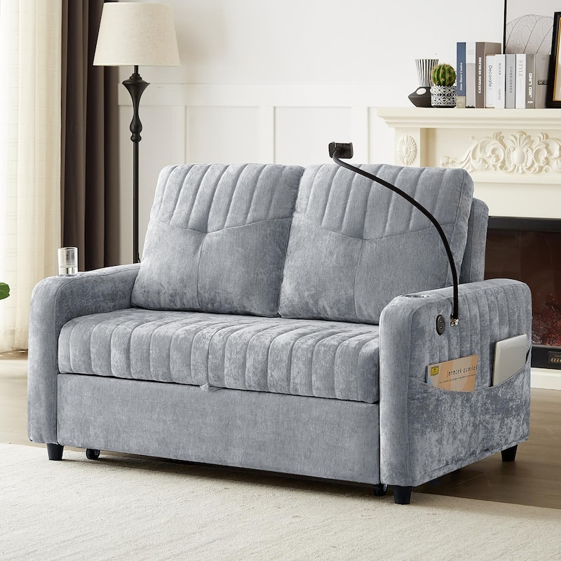 Multi-Functional Sleeper Sofa Pull-Out Loveseat with USB Charging, Sofa Bed with Adjustable Backrest and Storage Pockets