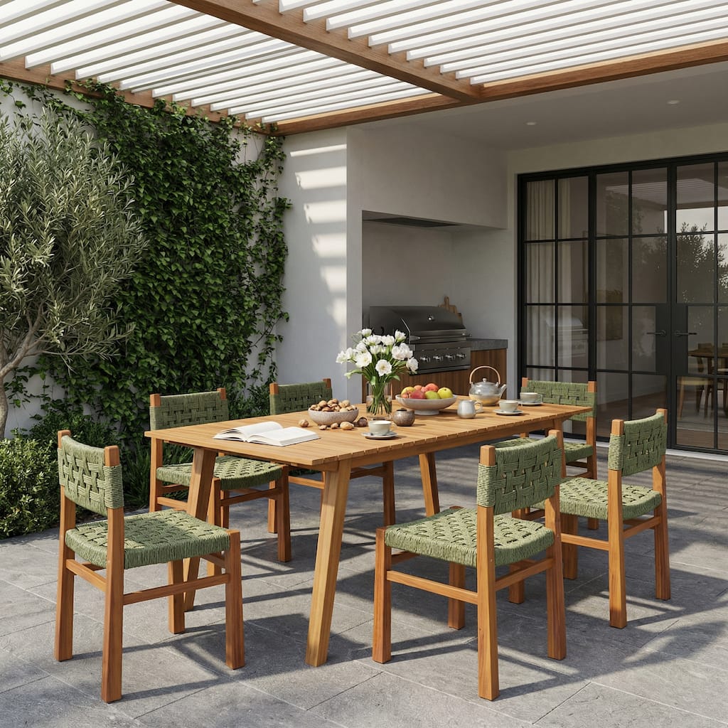 Christopher Knight Home - Orelia 7-Piece Outdoor Acacia Wood Dining Set with Woven Wicker Chairs & 68.5" Rectangular Slat Table