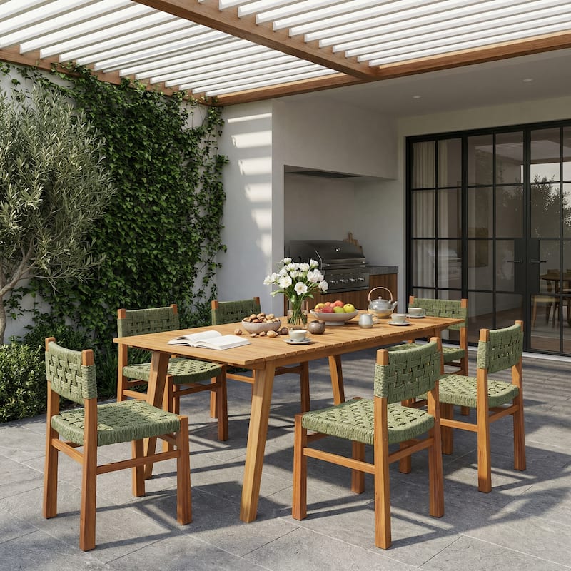Christopher Knight Home - Orelia 7-Piece Outdoor Acacia Wood Dining Set with Woven Wicker Chairs & 68.5" Rectangular Slat Table - Teak Finish+Green Wicker