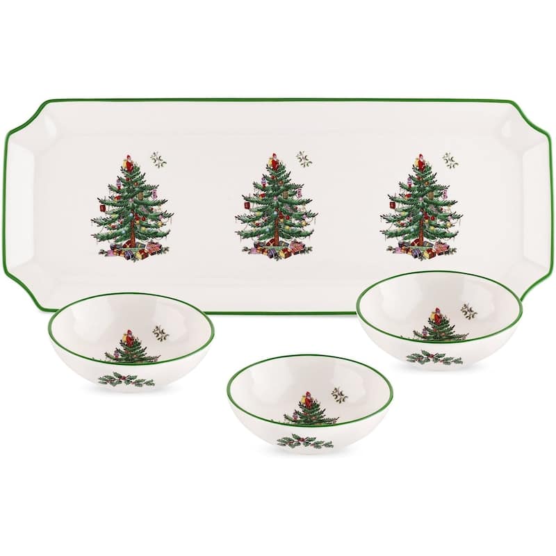 Spode Christmas Tree Rectangular Tray with 3 Dishes - 14" L x 4" W