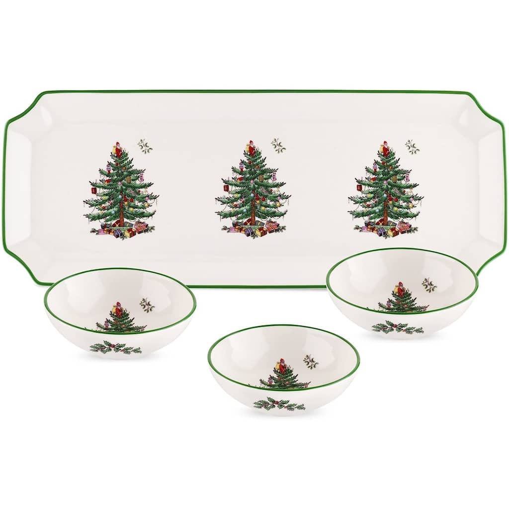 Spode Christmas Tree Rectangular Tray with 3 Dishes - 14" L x 4" W