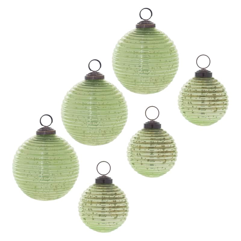Green Ribbed Glass Ball Ornaments Set of 6 Christmas Tree Decor - 2.5" x 2.5" x 2.75"