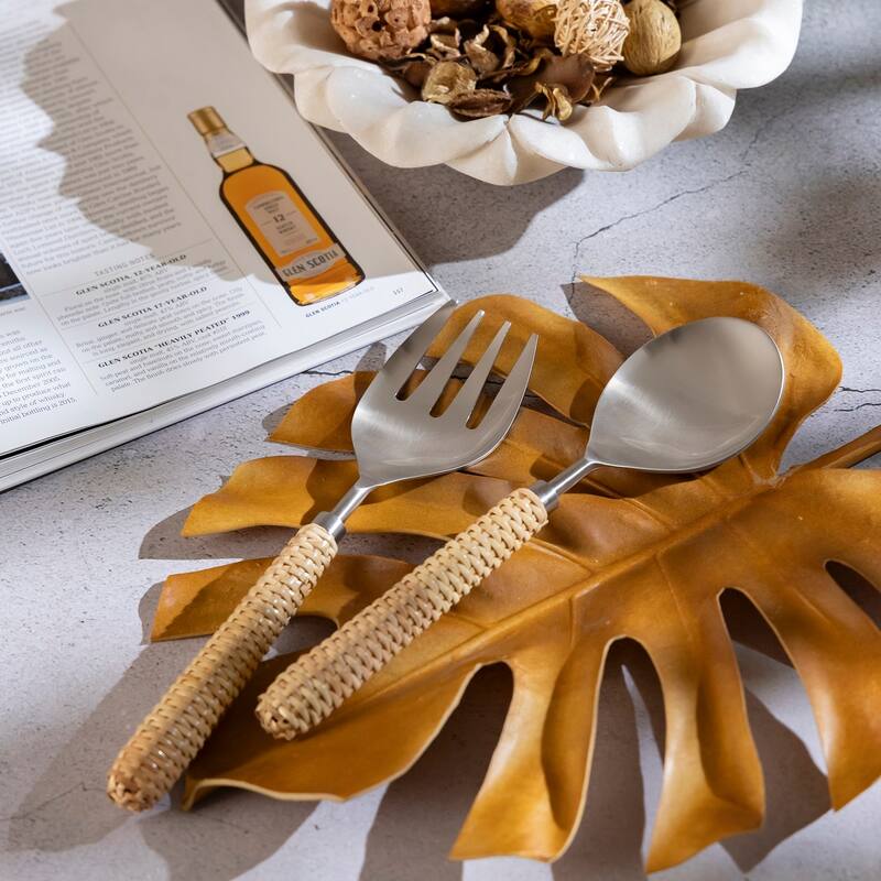 Set of 2 Stainless Steel & Wood Handle Salad Set