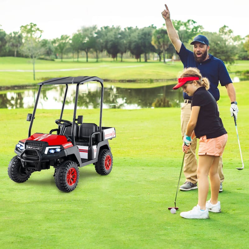 Kids Ride On Golf Cart with Remote 24V Rechargeable Battery USB Music and Sun Awning - 53.5" × 28" × 45" (L x W x H)