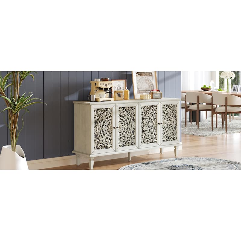 Antique Buffet Cabinet, 60" Accent Storage Cabinet Entryway Console with Floral Carvings, Wood Legs, Adjustable Shelves聽