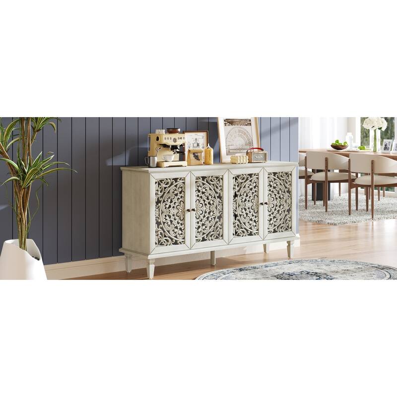TV Stand Sideboard, Buffet Cabinet with Floral Carvings, Wood Storage Cabinet with Adjustable Shelves