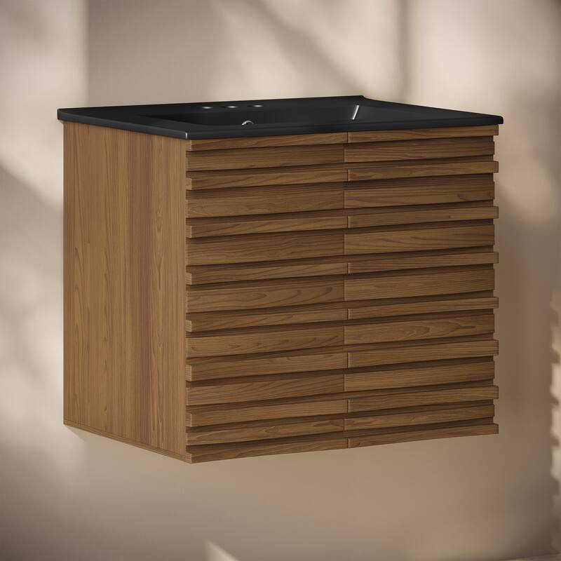 Cascade 24" Wall-Mounted Bathroom Vanity In Brown Oak With Black 3-Hole Centerset Sink Top - 24