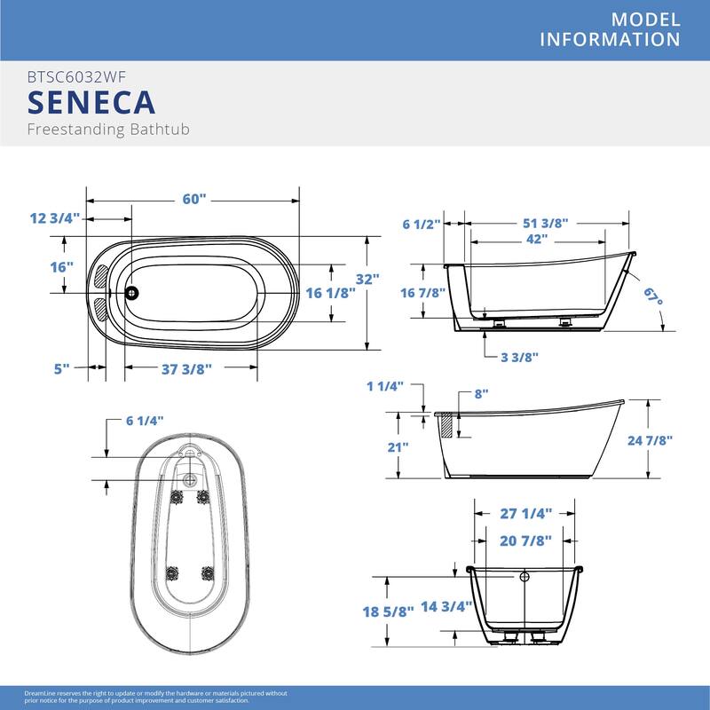 DreamLine Seneca 60 in. L x 25 in. H White Acrylic Freestanding Bathtub