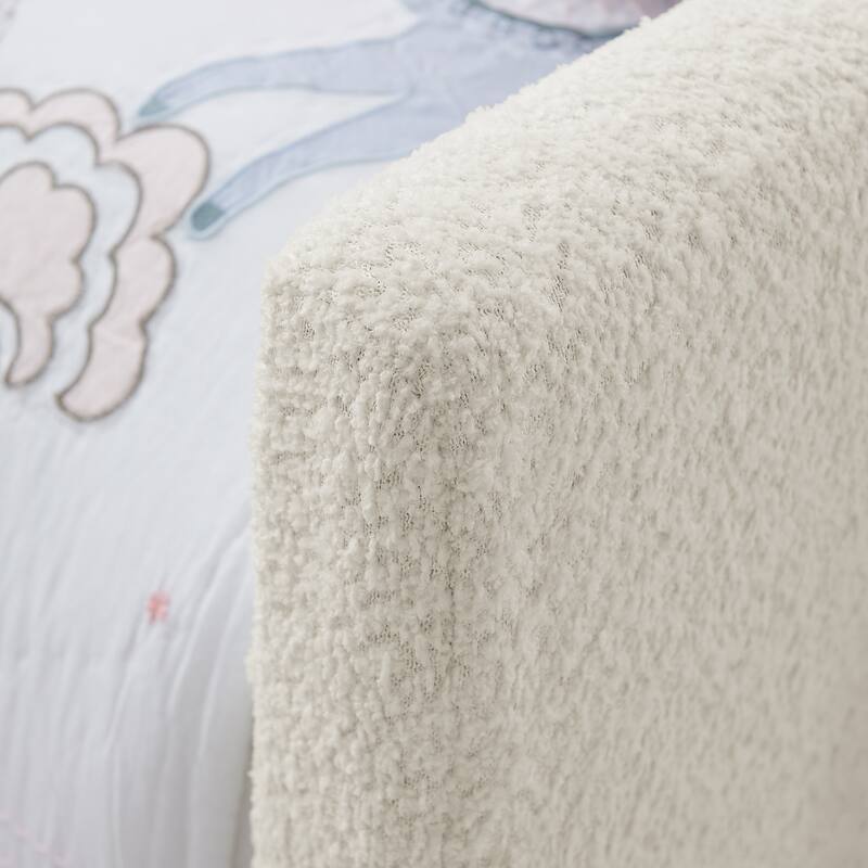 Roomfitters Twin Upholstered Platform Bed with Rabbit Ear Headboard, Safety Rail and Side Pocket, Boucle Fabric