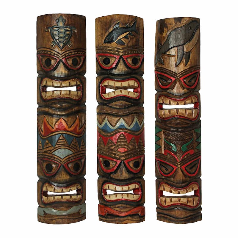 Zeckos 24 Inch Double Tiki Mask Carved Wood Wall Sculptures (Set Of 5)