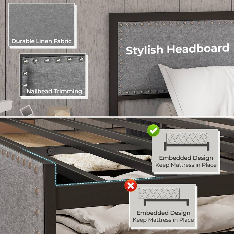 Full/Queen/Twin Size Bed Frame with LED Lights Drawer and Metal Slats