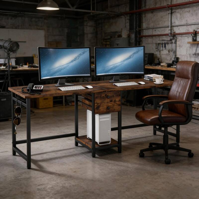 Extra-Large 2-Person Office Desk with Drawers, Open Shelf and Steel Frame