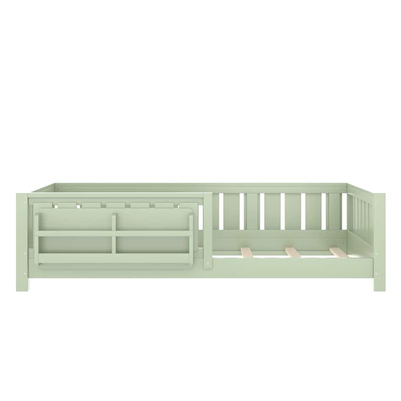 Low Profile Montessori Bed Floor Platform Bed with Fence and Bookshelf