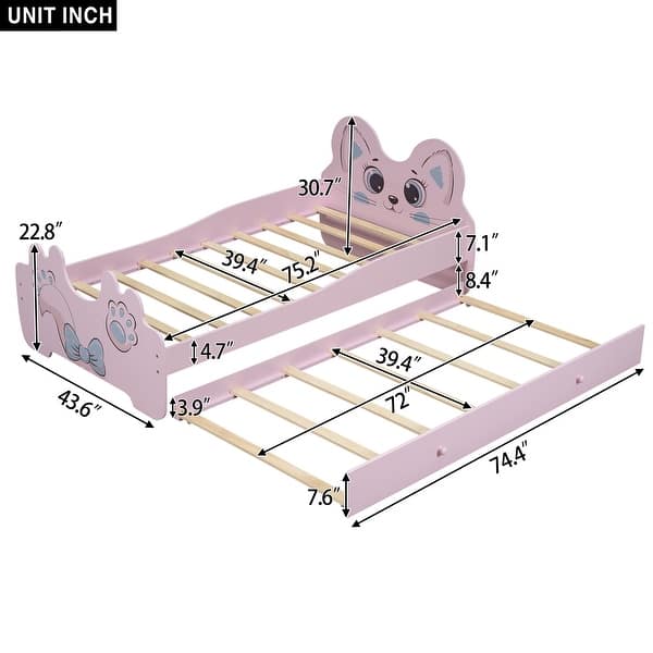 Cartoon Twin Size Platform Bed with Trundle & Cute Headboard, Wooden Bed Frame, No Box Spring Required/Easy Assembly Pink+Blue