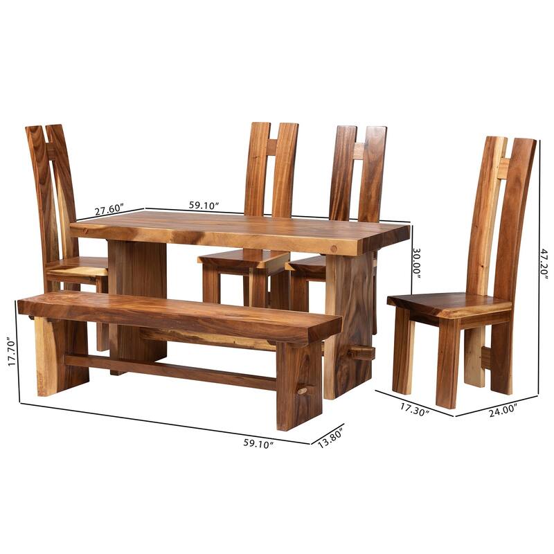 Lin Suar Wood Dining Set - Handcrafted Rectangular Solid Wood Table with Seating, Rustic Modern Kitchen or Dining Room Set