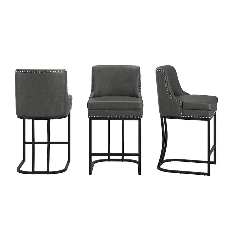 26" Modern Metal Barstools Set of 3 Upholstered Counter Height Bar stools with Back and 6" Thick Cushion for Kitchen Island