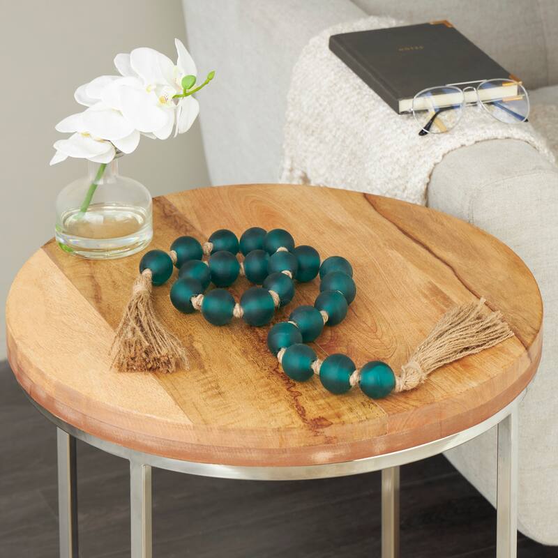 Glass Handmade Round Frosted Beaded Garland with Tassel with Knotted Brown Jute - Teal