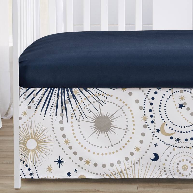 Star and Moon Collection Boy Girl 4pc Nursery Crib Bedding Set - Navy Blue Gold Grey Celestial Sky Stars Gender Neutral Unisex