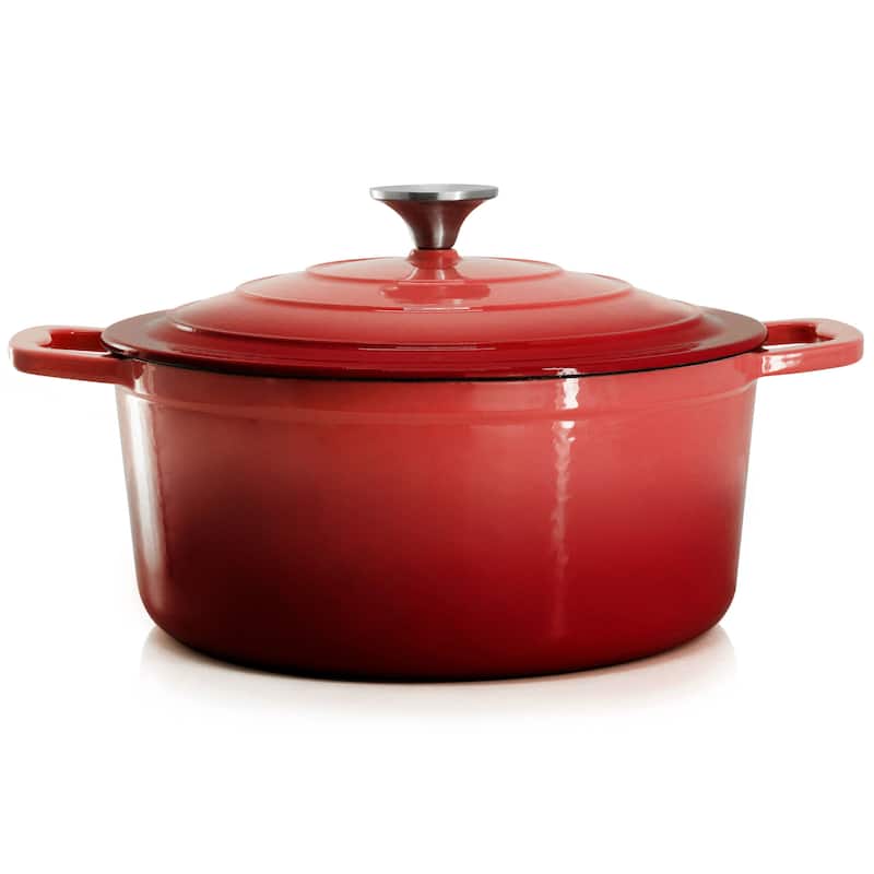 Enameled Cast Iron Casserole Dish with Lid 5 Quart Capacity in Red