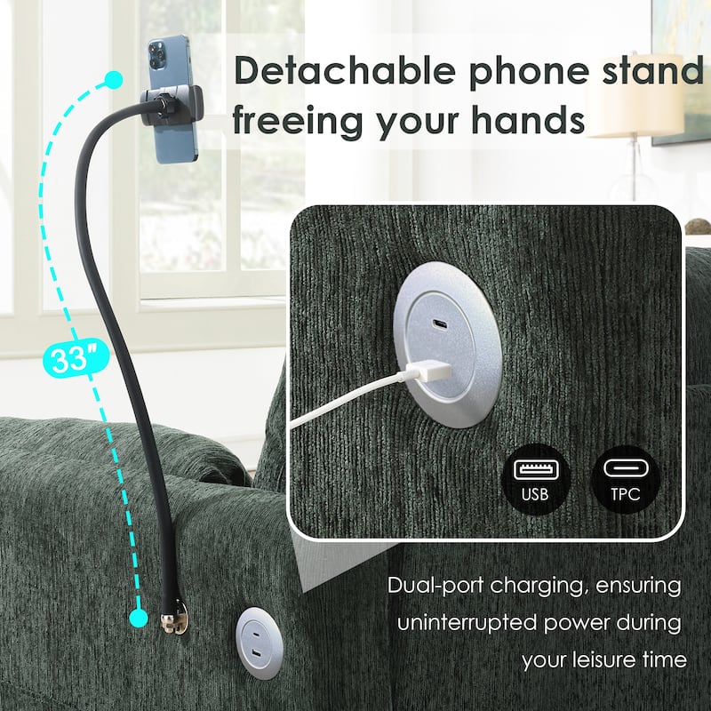 L-Shaped Sectional Chenille Sofa with Storage Ottoman, Phone Holder, USB Charger, Elephant Ear-Shaped Armrests and Pockets