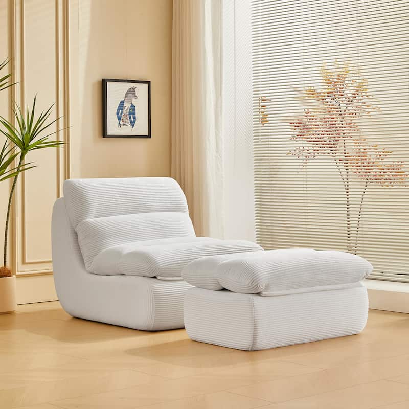 White Corduroy Lounge Chair with Ottoman and High-Density Foam Seat - 31.89" x 39.72" x 29.53"