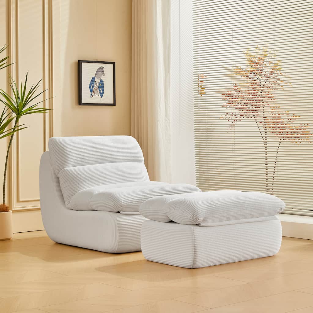 White Corduroy Lounge Chair with Ottoman and High-Density Foam Seat - 31.89" x 39.72" x 29.53"