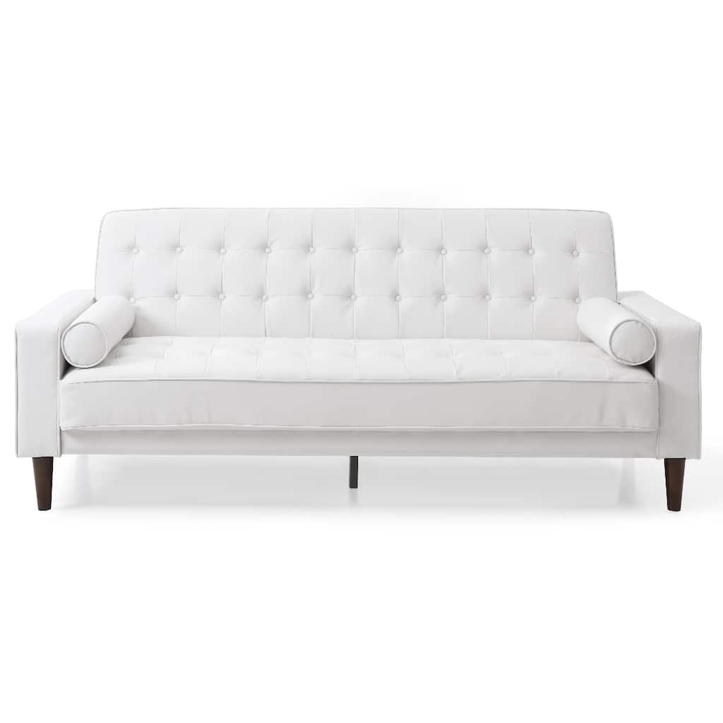 Flared Arm Faux Leather Tufted Straight Sofa with Bolster Pillows - 85" - White