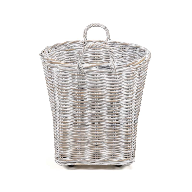 happimess Arbour Rustic Hand-Woven Rattan Nesting Baskets with Wheels and Handles, White Wash/Kubu Gray (Set of 2)