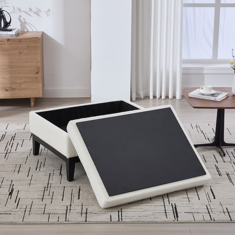 Roomfitters Storage Ottoman, Boucle Coffee Table Footstool with Reversible Lid and Wood Base for Living Room or Bedroom