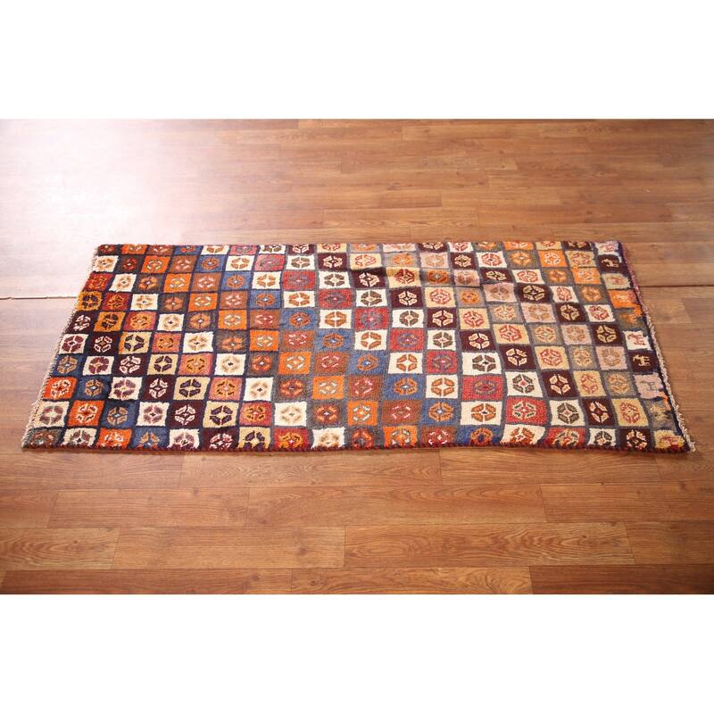 Checkered Gabbeh Persian Vintage Runner Rug Handmade Wool Carpet - 2'1"x 4'9"