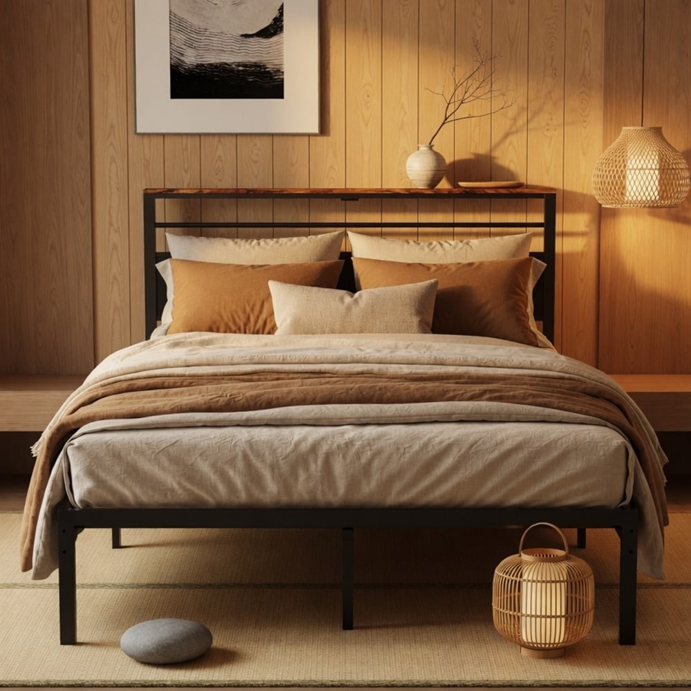 Vintage Brown Twin Platform Bed Frame with Charging Station and Headboard